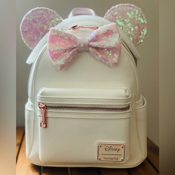 Loungefly Handbags - Loungefly Backpack Minnie White Pink Sequin